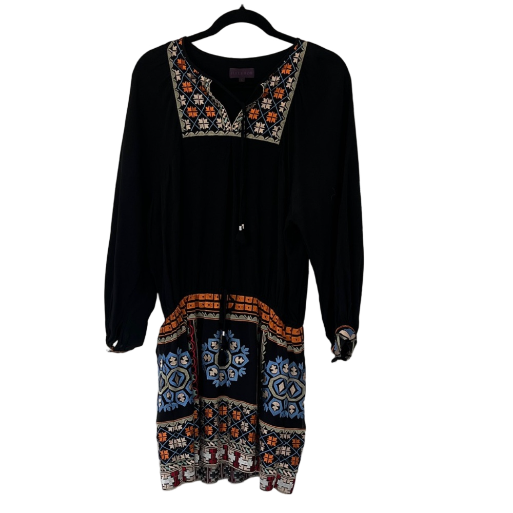 Embroidered Long Sleeve Dress - Black and Multicolor